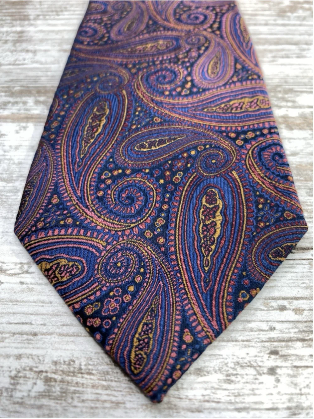 Bruno Piatelli Silk Tie Navy Blue Paisley Coral Gold Hand Made 60” x 3.25”